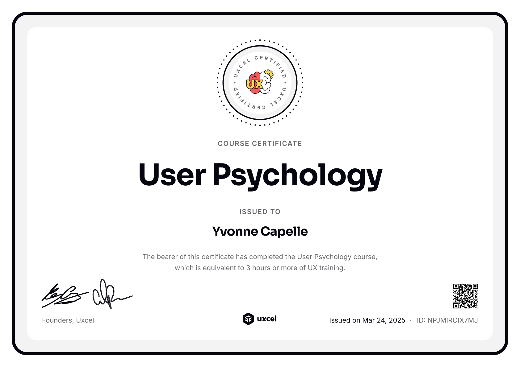 Yvonne Capelle's certificate